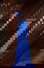 Back view of fitted gown with crystal detailing and clean tailored finish