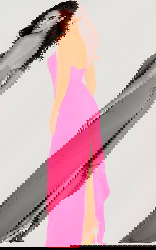 Strapless fitted gown with a cascading back drape and high side slit, designed in smooth fabric for a modern, elegant finish.