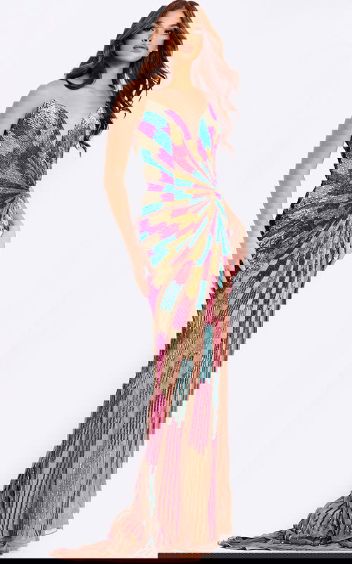 Multicolor strapless sequin prom dress with fitted silhouette