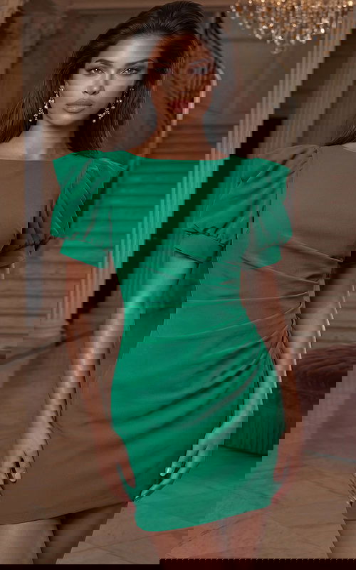 Short fitted dress with puff sleeves and ruched bodice front view