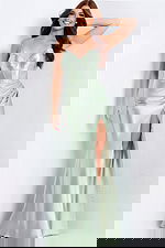 Satin corset prom dress with open back and high slit