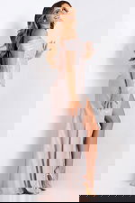 Shimmering off-shoulder gown with thigh-high slit and fitted silhouette.