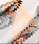 Multicolor beaded halter gown with pearl embellishments