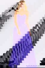 Purple formal gown with structured bodice and full skirt