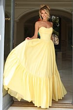 strapless ball gown with gathered tiered skirt
