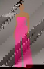 Strapless corset jumpsuit with wide leg pants and feather trim detail