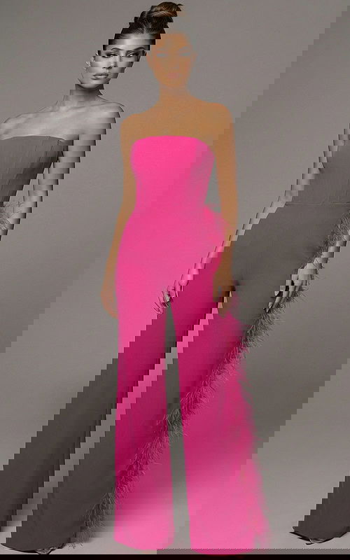Strapless corset jumpsuit with wide leg pants and feather trim detail