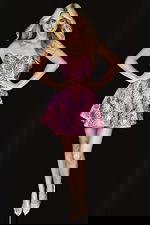 Front view of strapless metallic brocade dress with flared skirt