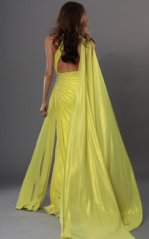 yellow sheath long dress with asymmetric choker cutouts slit cape