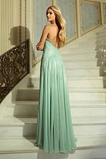 back of metallic green dress with v back 48061