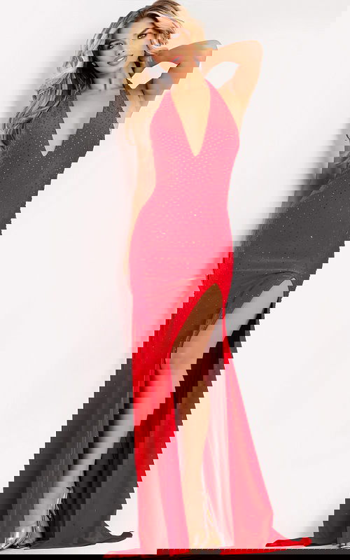 Form-fitting red halter evening dress with side slit