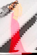 Red halter evening gown with glitter accents