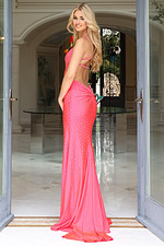 Back view of open back fitted gown with ruched detail