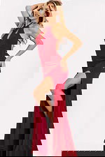 Red halter prom dress with rhinestones and open back