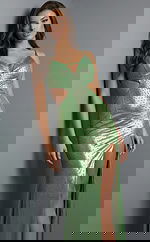 Front view of a fitted gown with side cutouts, a plunging neckline, thigh high slit, and a sleek floor length silhouette