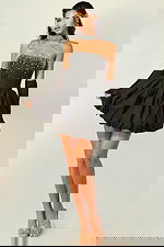 Glamorous black embellished mini dress with bubble hem and formal glove accessories