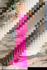 Pink evening gown featuring plunging keyhole front and halter neckline