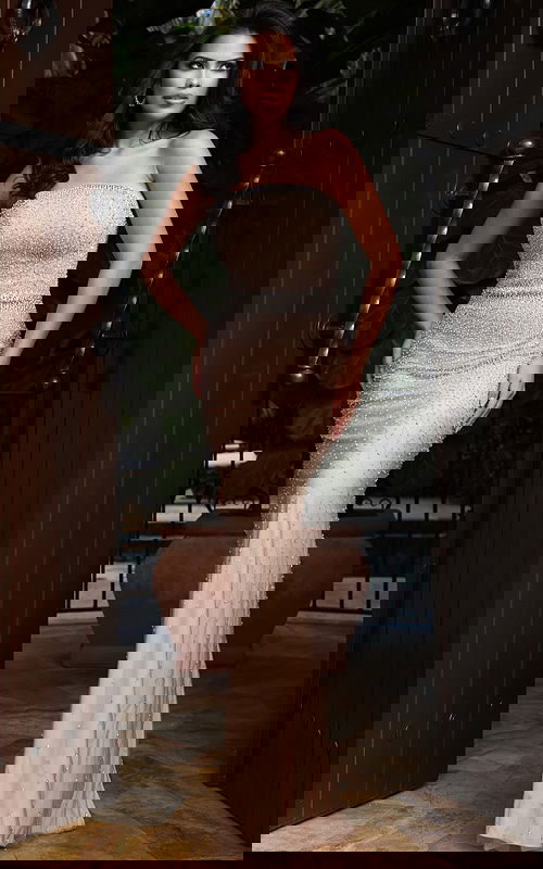 Strapless crystal embellished fitted gown with sheer overlay