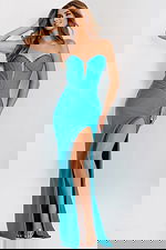 sweetheart neckline high slit blue dress 48157