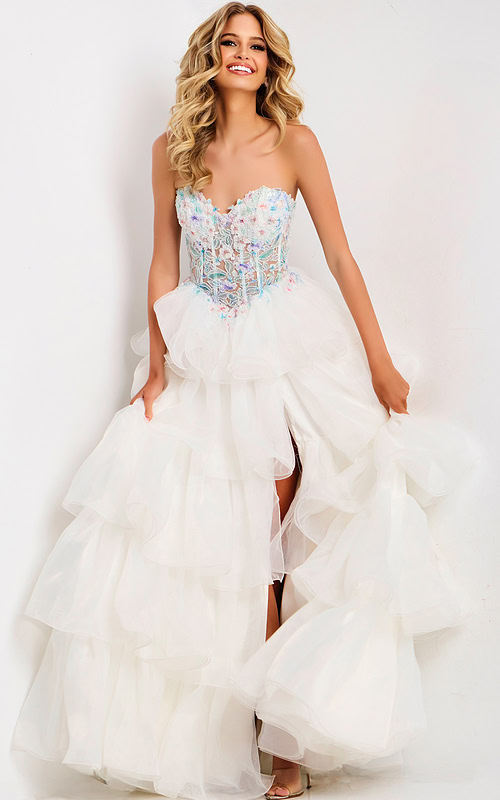 High low ruffle prom dress with beaded details