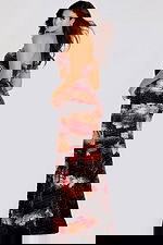 Strapless fitted gown with a shimmering abstract sequin pattern in bronze and burgundy tones, featuring a floor-length silhouette.