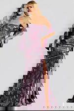 purple strapless high slit print dress 48186