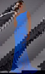 Fitted sleeveless gown with smooth neckline, tied waist accent, and flowing ruffle