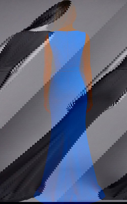 Back view of sleeveless fitted gown with clean back seam and floor length skirt