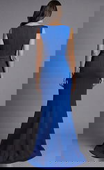 Back view of sleeveless fitted gown with clean back seam and floor length skirt