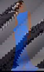 Sleeveless fitted gown with asymmetrical waist tie and cascading ruffle detail