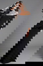 Side view of off shoulder long sleeve gown with sculpted waist detail