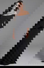 Off shoulder long sleeve gown with fitted silhouette and waist rosette