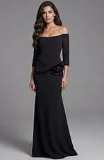 Off shoulder long sleeve gown with fitted silhouette and waist rosette
