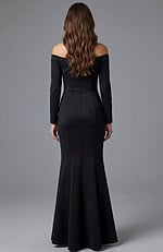 Back view of off shoulder formal gown with long sleeves and clean lines