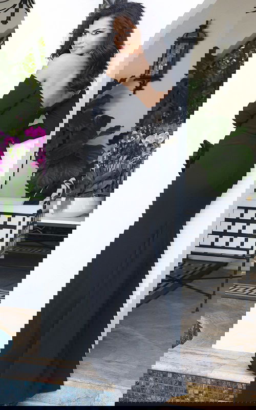 mermaid v back black fitted dress 48207