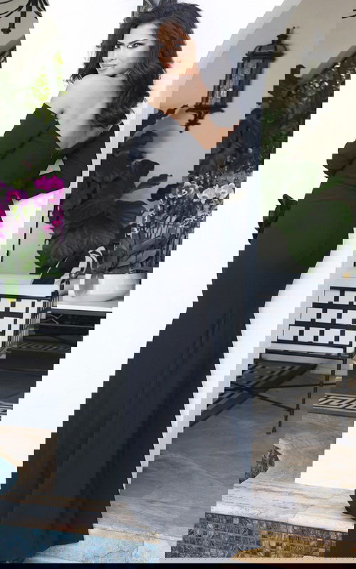 mermaid v back black fitted dress 48207