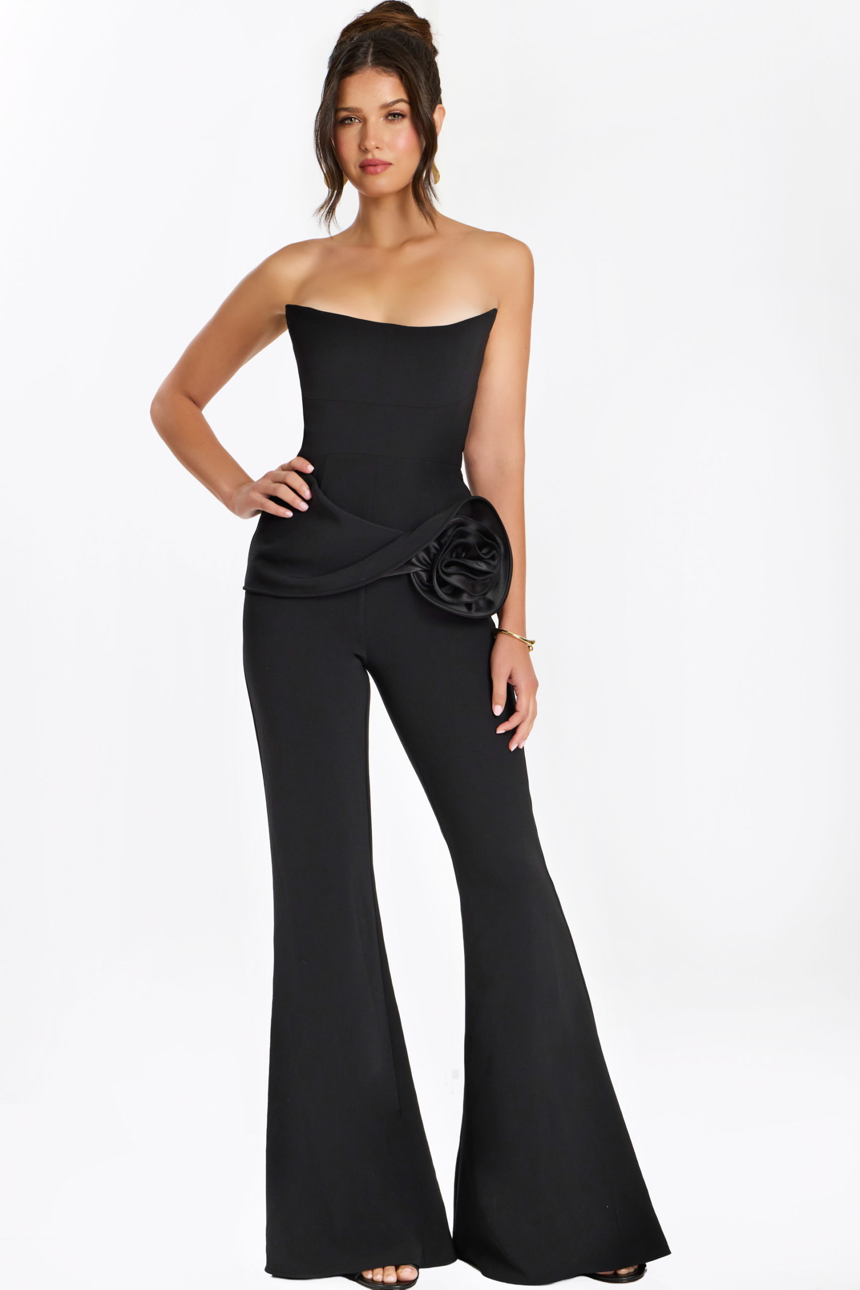 Strapless Black Jumpsuit with Rosette Waist 48209 | Jovani