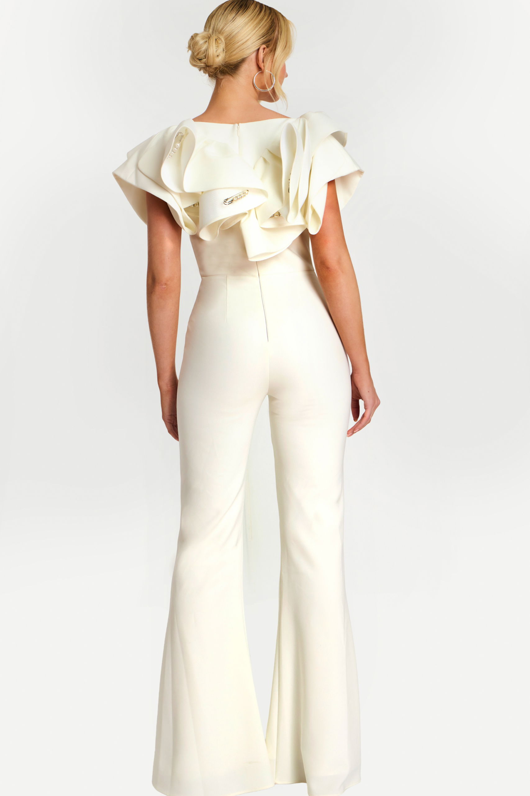 Sculptural Ruffle White Jumpsuit with Pearl Pin Detail 48254 Jovani
