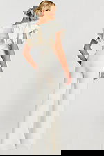 Angled back view of structured white jumpsuit with flared pants