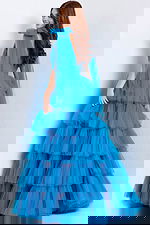 Light blue V-neck tiered gown with flowy tulle skirt