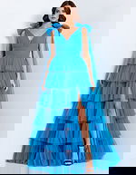 V-Neck Blue Tiered Tulle Gown with Bow Straps and Slit 48288