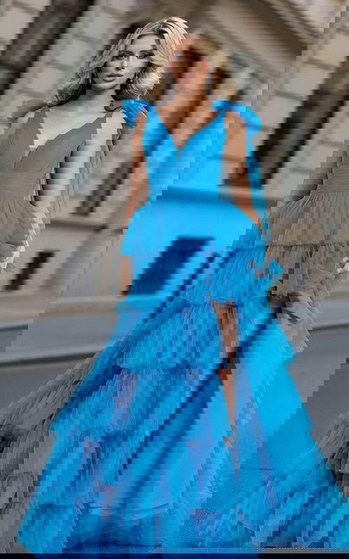 blue tiered skirt and v neckl ball gown 48288