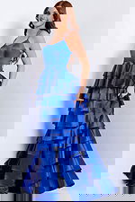 Royal blue layered gown with ruffle skirt and fitted bodice