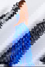 Tiered satin prom dress with spaghetti straps and open back