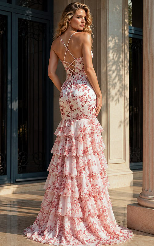 Back view of a floral print mermaid gown with lace-up open back and tiered ruffle skirt