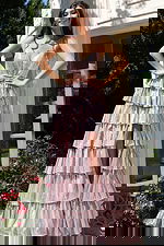 Iridescent tiered gown with sweetheart neckline and spaghetti straps