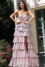 Iridescent tiered gown with sweetheart neckline and spaghetti straps