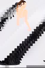 Black satin fitted gown with sheer beaded bodice