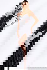 Beaded corset satin prom dress with high slit