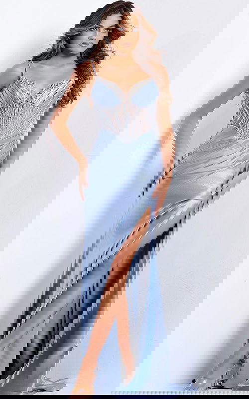 Elegant prom dress with sparkling details and draped satin finish